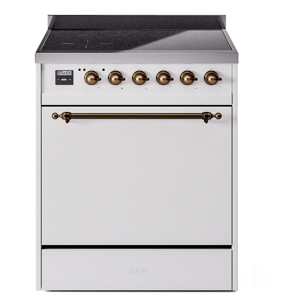 ILVE Nostalgie II 30-Inch Induction Range, Solid Door Oven, White with Burnished Bronze Trim (UPI304QNMPWHB)