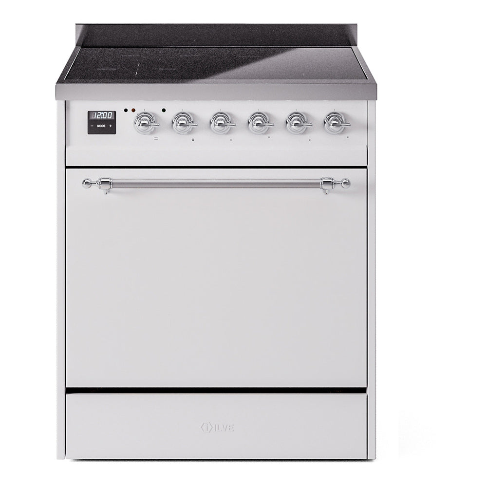 ILVE Nostalgie II 30-Inch Induction Range, Solid Door Oven, White with Chrome Trim (UPI304QNMPWHC)