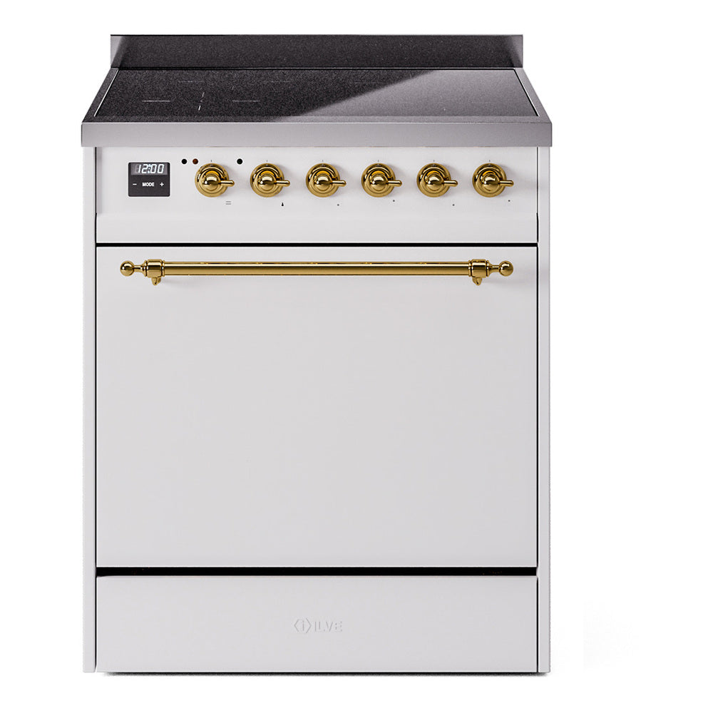 ILVE Nostalgie II 30-Inch Induction Range, Solid Door Oven, White with Brass Trim (UPI304QNMPWHG)