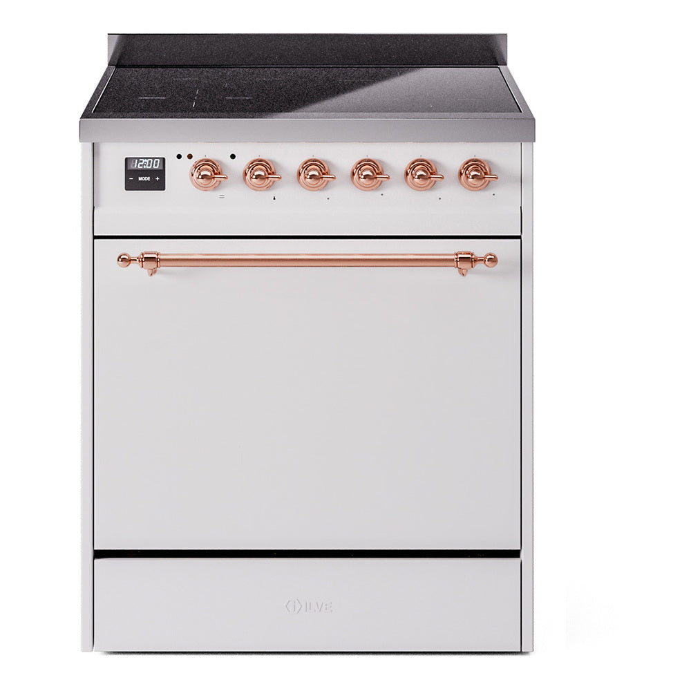 ILVE Nostalgie II 30-Inch Induction Range, Solid Door Oven, White with Copper Trim (UPI304QNMPWHP)