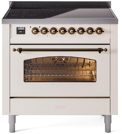 ILVE Nostalgie II 36-Inch Freestanding Electric Induction Range, Antique White with Burnished Bronze Trim (UPI366NMPAWB)