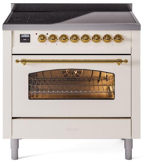 ILVE Nostalgie II 36-Inch Freestanding Electric Induction Range, Antique White with Brass Trim (UPI366NMPAWG)