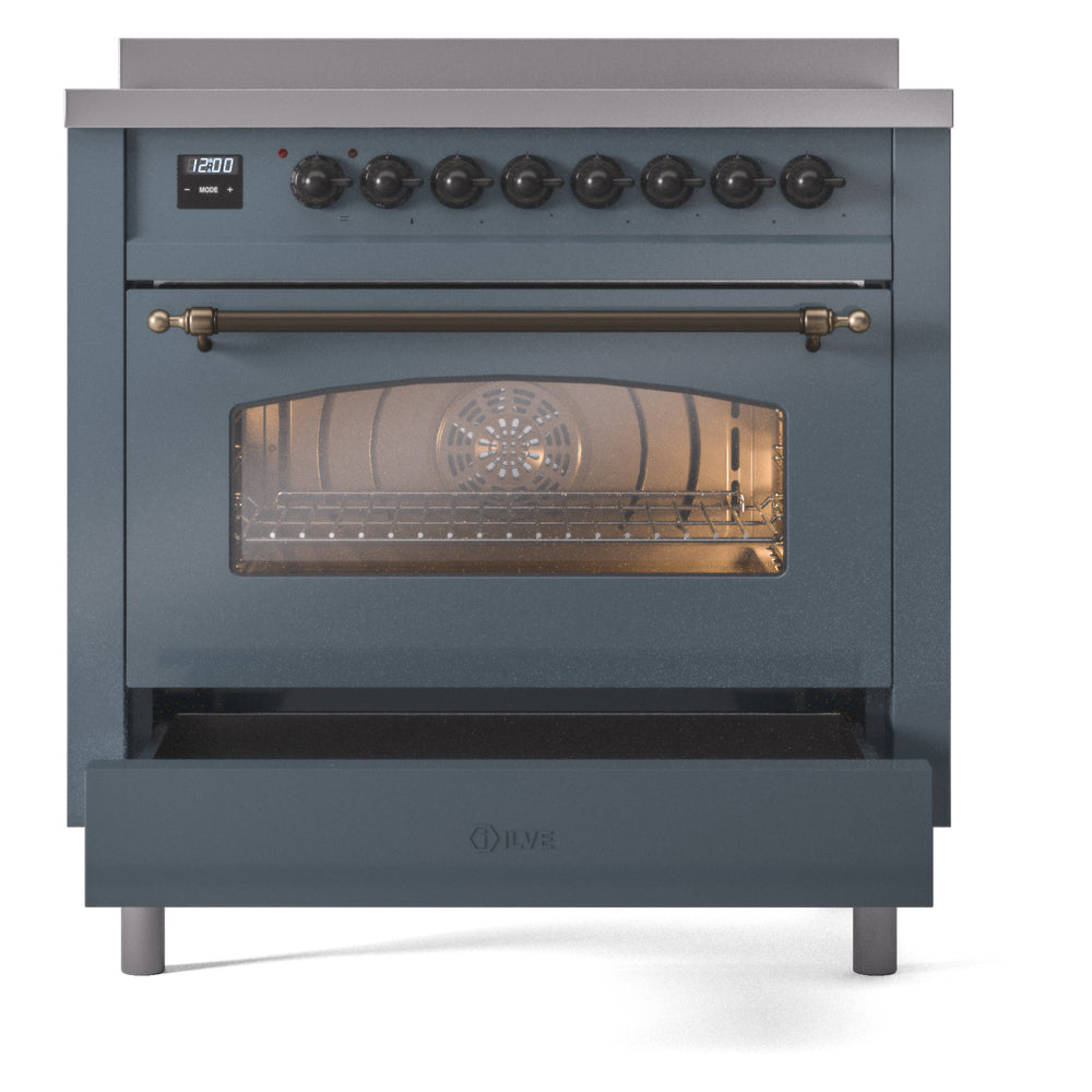 ILVE Nostalgie II 36-Inch Freestanding Electric Induction Range in Blue Grey with Burnished Bronze Trim (UPI366NMPBGB)