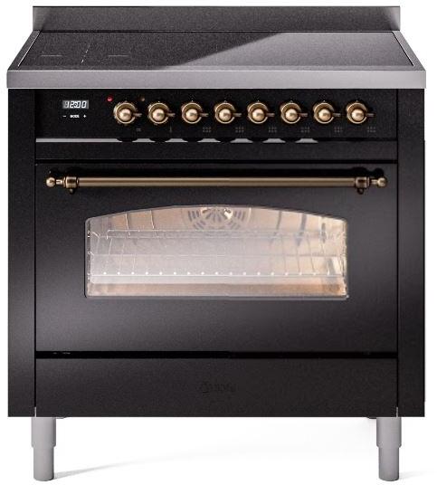 ILVE Nostalgie II 36-Inch Freestanding Electric Induction Range, Glossy Black with Burnished Bronze Trim (UPI366NMPBKB)