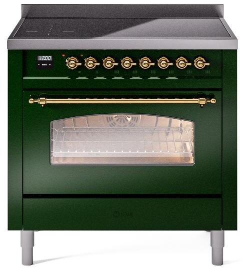 ILVE Nostalgie II 36-Inch Freestanding Electric Induction Range, Emerald Green with Brass Trim (UPI366NMPEGG)