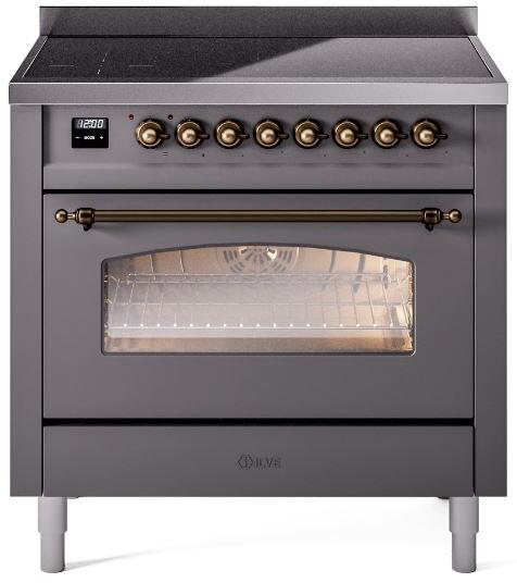 ILVE Nostalgie II 36-Inch Freestanding Electric Induction Range in Matte Graphite with Burnished Bronze Trim (UPI366NMPMGB)