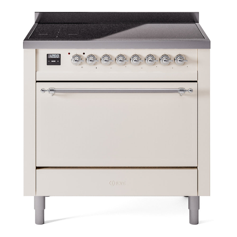 ILVE Nostalgie II 36-Inch Induction Range, Solid Door Oven, Antique White with Chrome Trim (UPI366QNMPAWC)