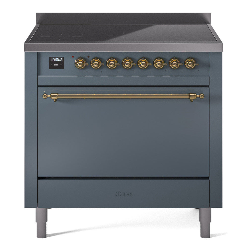 ILVE Nostalgie II 36-Inch Induction Range, Solid Door Oven, Blue Grey with Brass Trim (UPI366QNMPBGG)