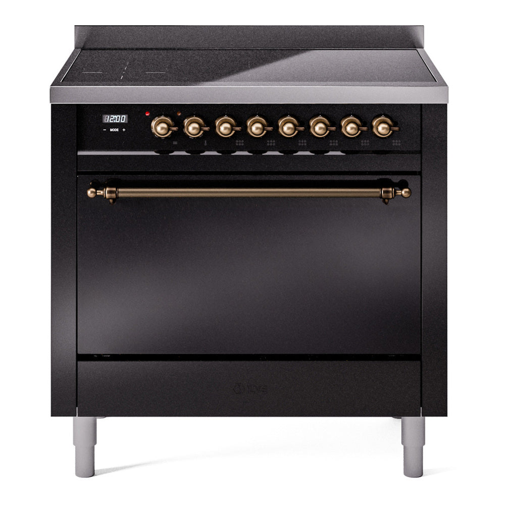 ILVE Nostalgie II 36-Inch Induction Range, Solid Door Oven, Glossy Black with Burnished Bronze Trim (UPI366QNMPBKB)