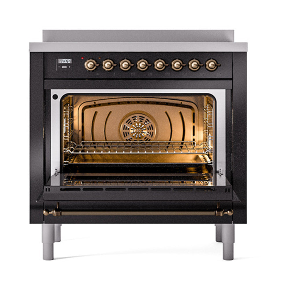 ILVE Nostalgie II 36-Inch Induction Range, Solid Door Oven, Glossy Black with Burnished Bronze Trim (UPI366QNMPBKB)