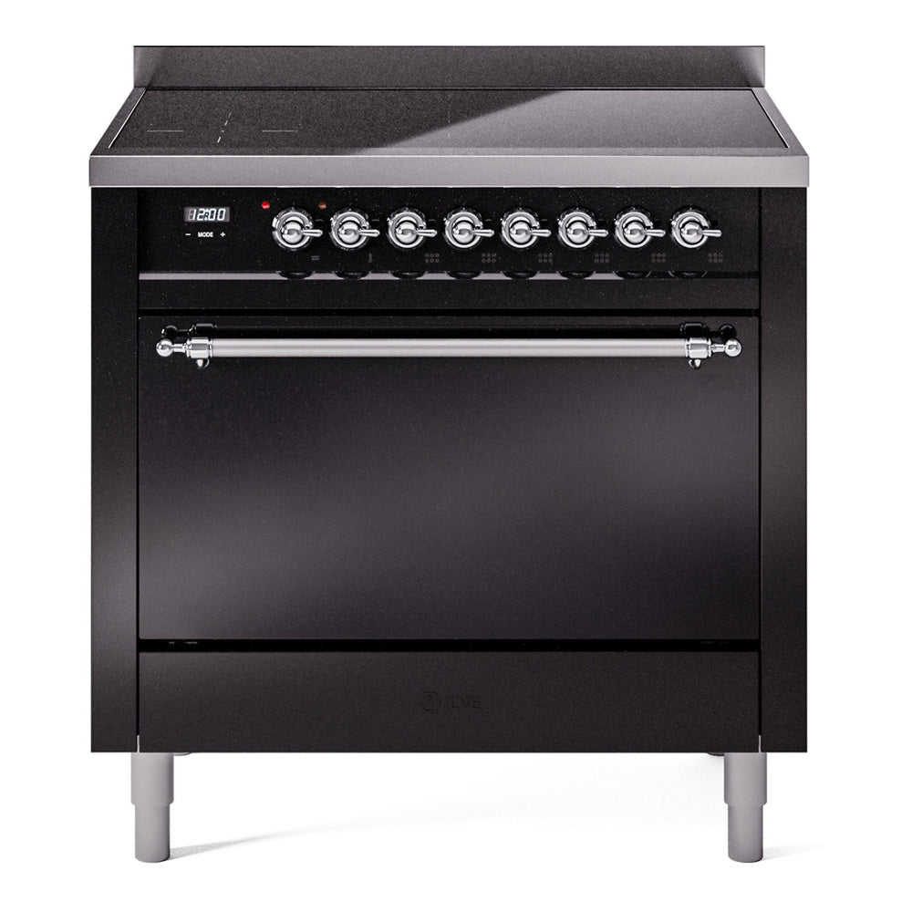 ILVE Nostalgie II 36-Inch Induction Range, Solid Door Oven, Glossy Black with Chrome Trim (UPI366QNMPBKC)