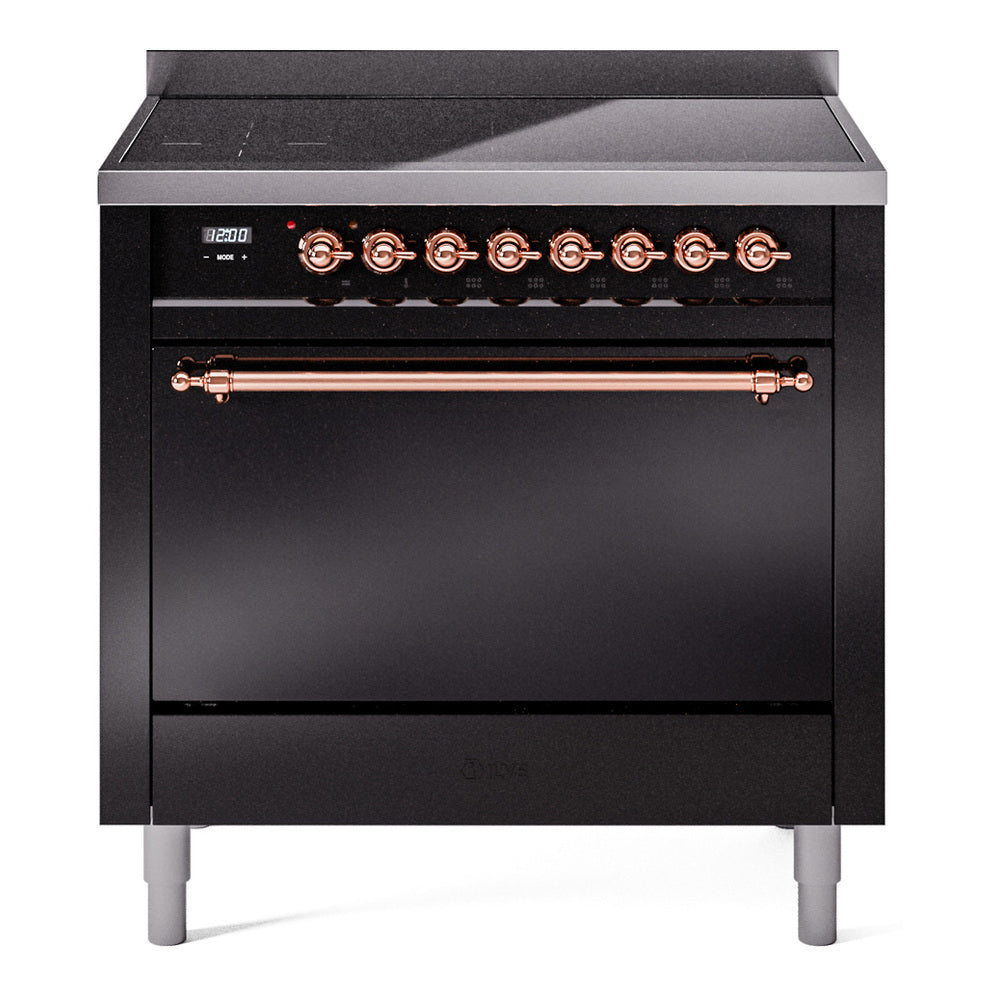 ILVE Nostalgie II 36-Inch Induction Range, Solid Door Oven, Glossy Black with Copper Trim (UPI366QNMPBKP)