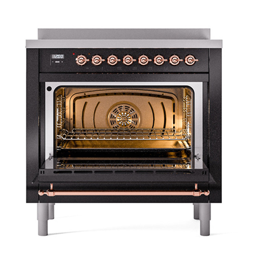 ILVE Nostalgie II 36-Inch Induction Range, Solid Door Oven, Glossy Black with Copper Trim (UPI366QNMPBKP)