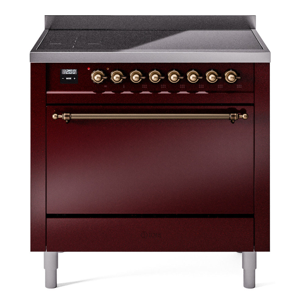 ILVE Nostalgie II 36-Inch Induction Range, Solid Door Oven, Burgundy with Burnished Bronze Trim (UPI366QNMPBUB)