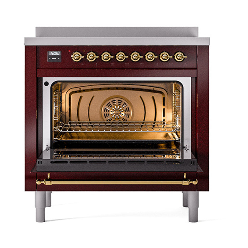 ILVE Nostalgie II 36-Inch Induction Range, Solid Door Oven, Burgundy with Brass Trim (UPI366QNMPBUG)
