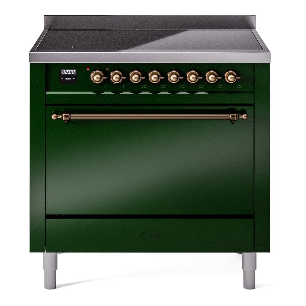 ILVE Nostalgie II 36-Inch Induction Range, Solid Door Oven, Emerald Green with Burnished Bronze Trim (UPI366QNMPEGB)