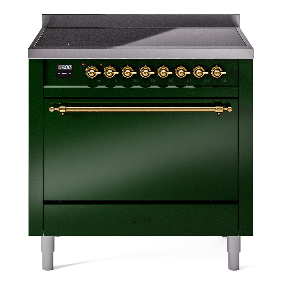 ILVE Nostalgie II 36-Inch Induction Range, Solid Door Oven, Emerald Green with Brass Trim (UPI366QNMPEGG)