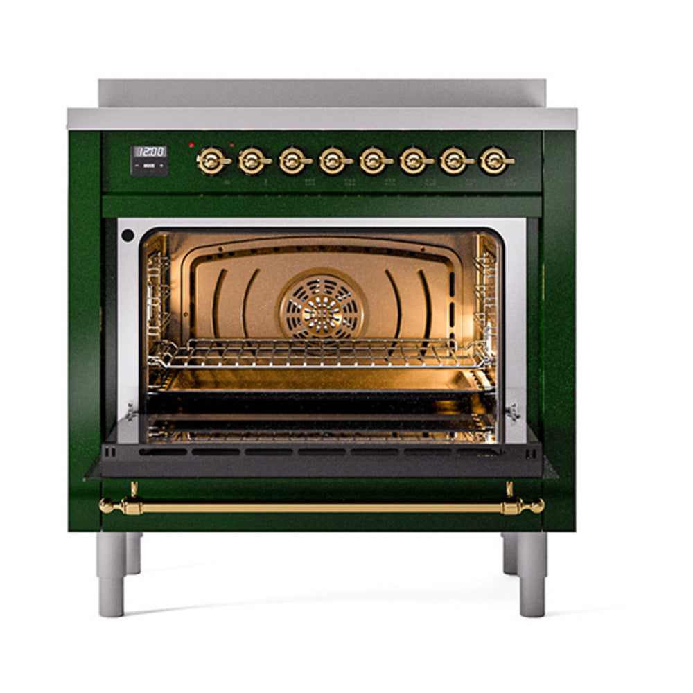 ILVE Nostalgie II 36-Inch Induction Range, Solid Door Oven, Emerald Green with Brass Trim (UPI366QNMPEGG)