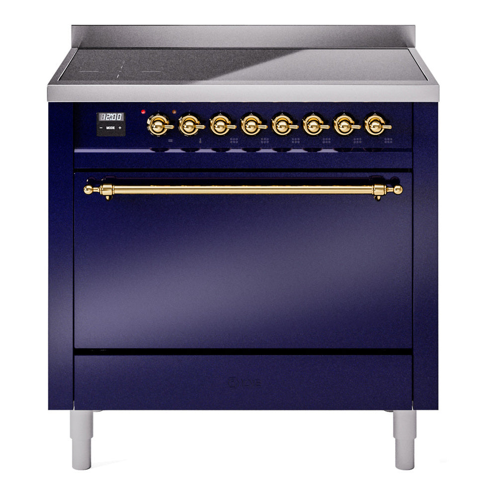 ILVE Nostalgie II 36-Inch Induction Range, Solid Door Oven, Midnight Blue with Brass Trim (UPI366QNMPMBG)