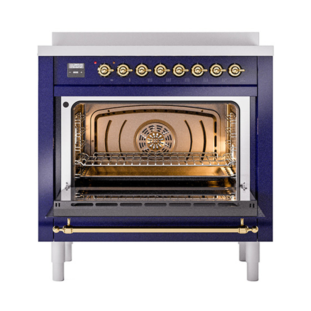 ILVE 36-Inch Nostalgie II Induction Range with Solid Door Oven in Matte Graphite with Brass Trim (UPI366QNMPMGG)