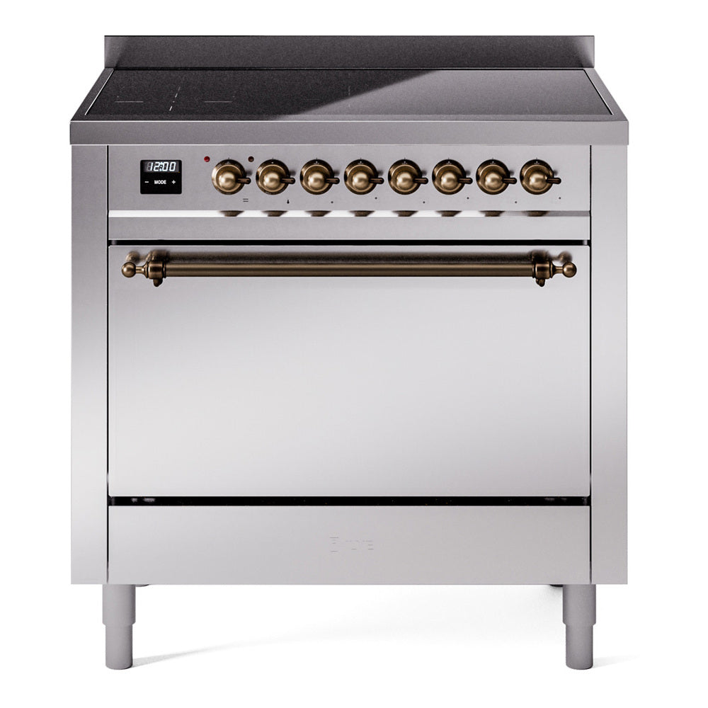 ILVE Nostalgie II 36-Inch Induction Range, Solid Door Oven, Stainless Steel with Burnished Bronze Trim (UPI366QNMPSSB)