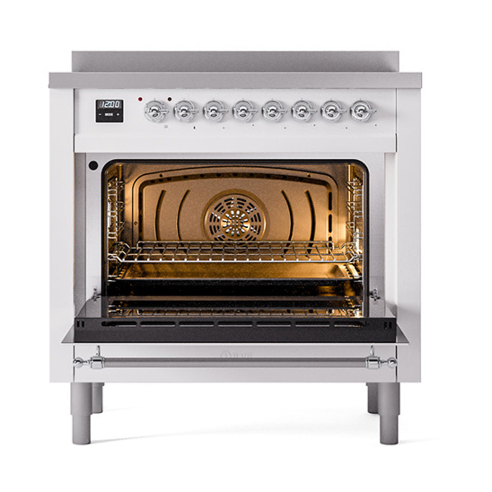 ILVE 36-Inch Nostalgie II Induction Range with Solid Door Oven in White with Chrome Trim (UPI366QNMPWHC)