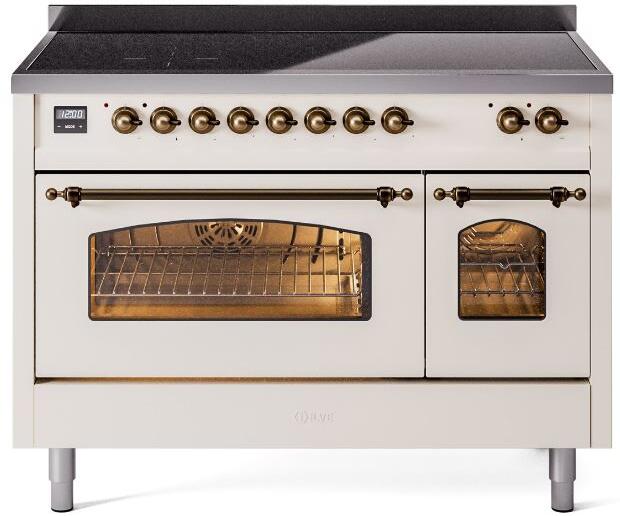 ILVE Nostalgie II 48-Inch Freestanding Electric Induction Range, Antique White with Burnished Bronze Trim (UPI486NMPAWB)