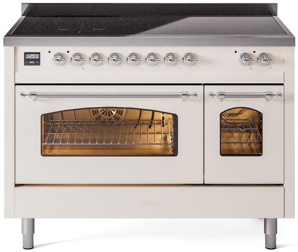 ILVE Nostalgie II 48-Inch Freestanding Electric Induction Range, Antique White with Chrome Trim (UPI486NMPAWC)