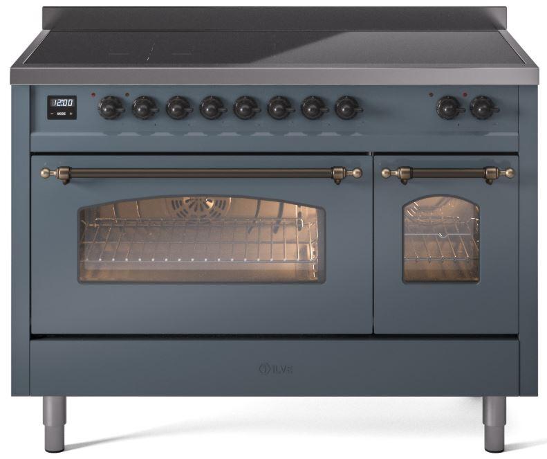 ILVE Nostalgie II 48-Inch Freestanding Electric Induction Range, Blue Grey with Burnished Bronze Trim (UPI486NMPBGB)
