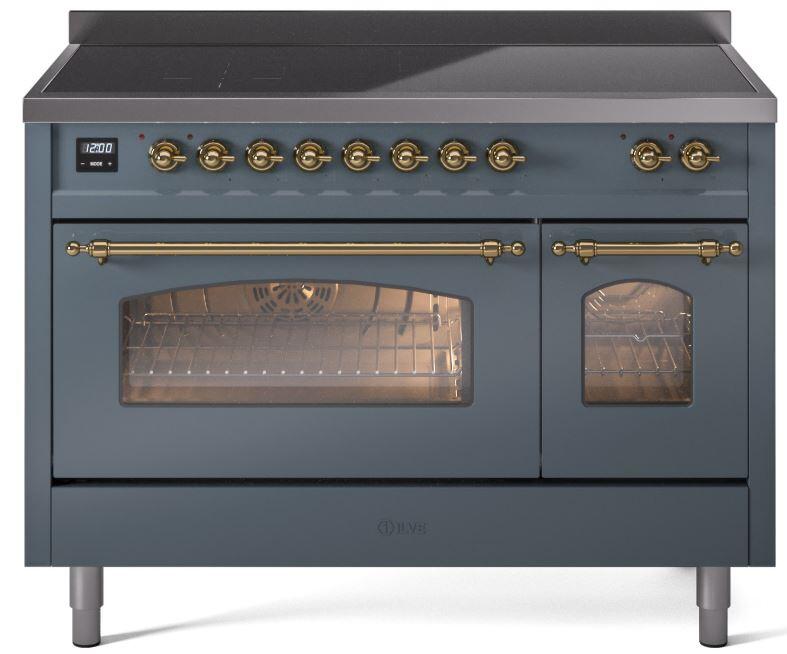 ILVE Nostalgie II 48-Inch Freestanding Electric Induction Range, Blue Grey with Brass Trim (UPI486NMPBGG)