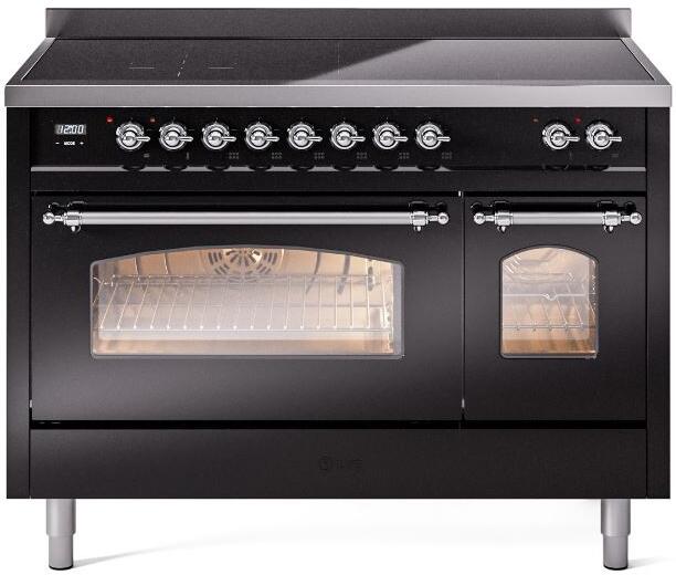 ILVE Nostalgie II 48-Inch Freestanding Electric Induction Range, Glossy Black with Chrome Trim (UPI486NMPBKC)