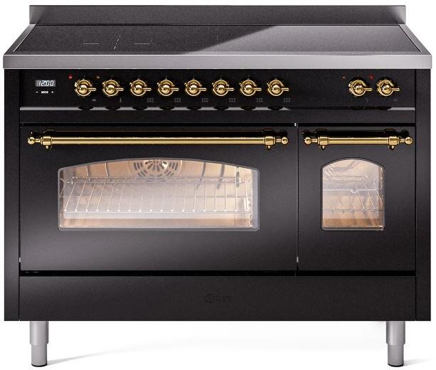 ILVE Nostalgie II 48-Inch Freestanding Electric Induction Range, Glossy Black with Brass Trim (UPI486NMPBKG)