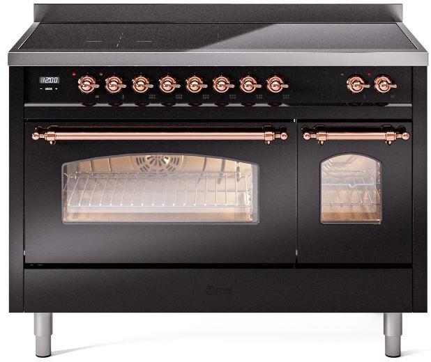 ILVE Nostalgie II 48-Inch Freestanding Electric Induction Range, Glossy Black with Copper Trim (UPI486NMPBKP)