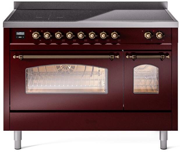 ILVE Nostalgie II 48-Inch Freestanding Electric Induction Range, Burgundy with Burnished Bronze Trim (UPI486NMPBUB)
