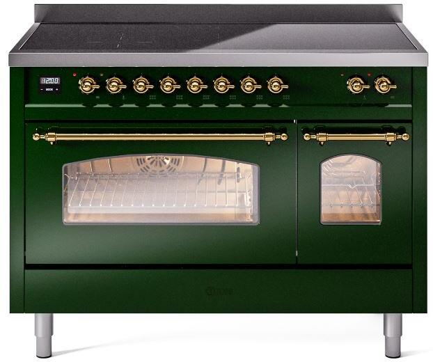 ILVE Nostalgie II 48-Inch Freestanding Electric Induction Range, Emerald Green with Brass Trim (UPI486NMPEGG)