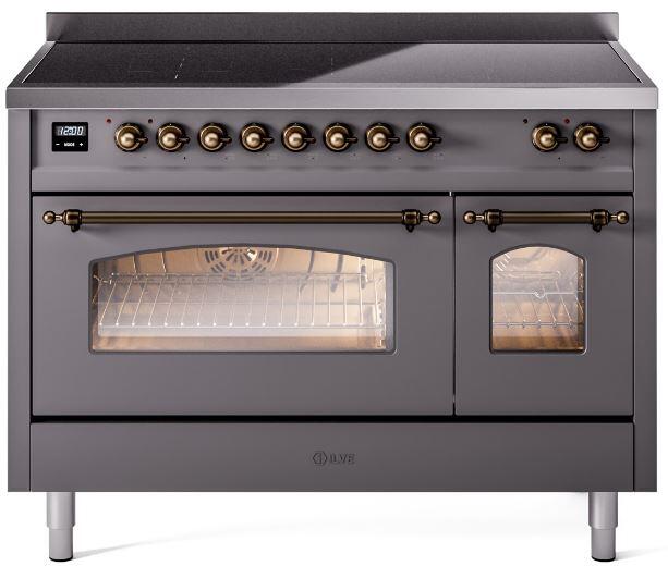 ILVE Nostalgie II 48-Inch Freestanding Electric Induction Range in Matte Graphite with Burnished Bronze Trim (UPI486NMPMGB)