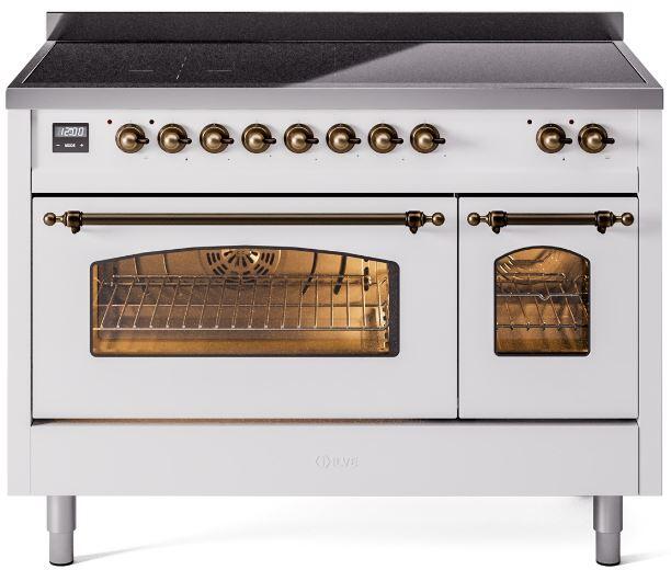 ILVE Nostalgie II 48-Inch Freestanding Electric Induction Range in White with Burnished Bronze Trim (UPI486NMPWHB)