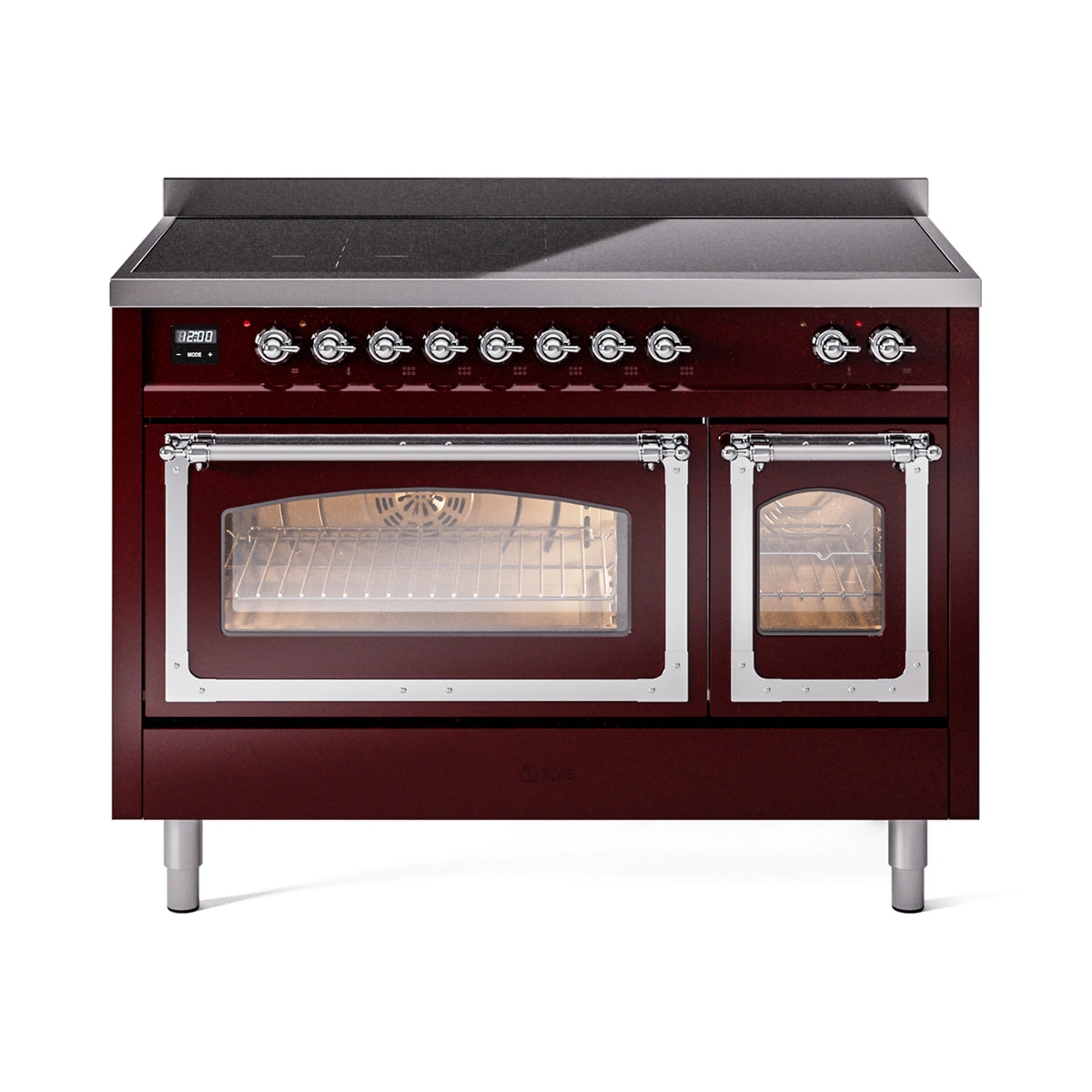 ILVE Nostalgie II Noblesse 48-Inch Induction Range, Triple Glass Door, Burgundy with Chrome Trim (UNI486NMPBUC)