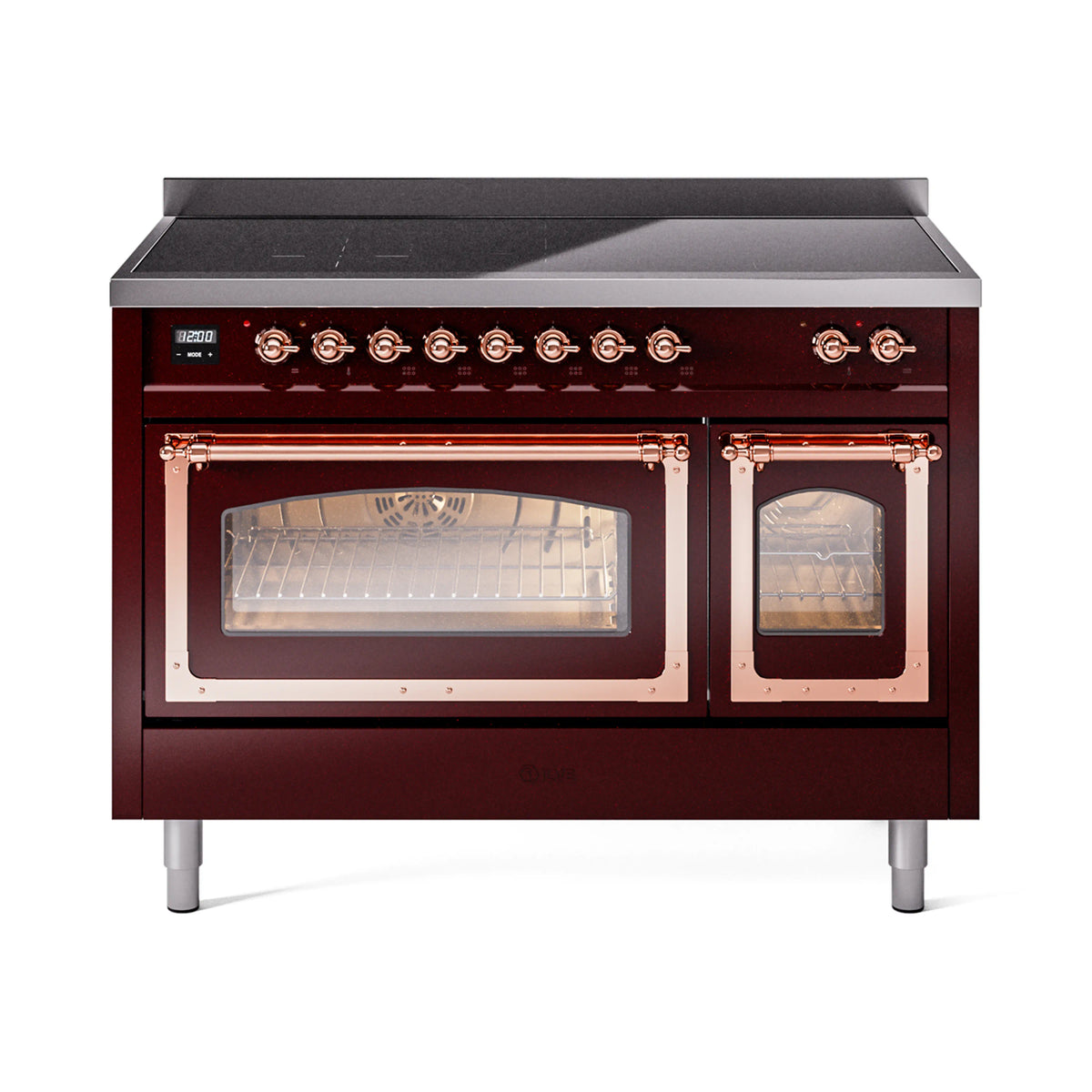 ILVE Nostalgie II Noblesse 48-Inch Induction Range, Triple Glass Door, Burgundy with Copper Trim (UNI486NMPBUP)