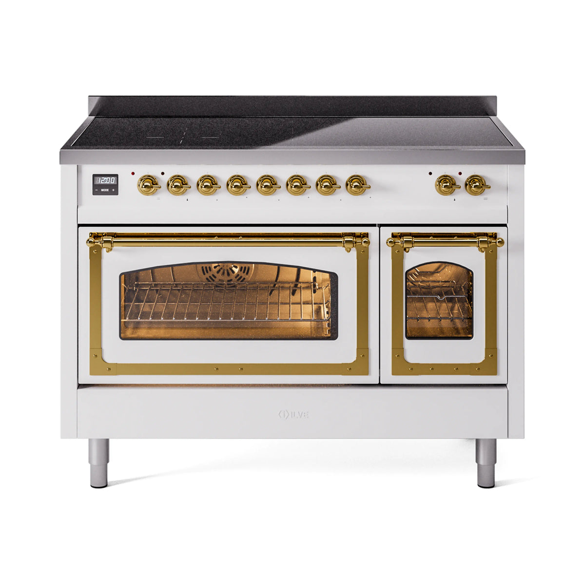 ILVE Nostalgie II Noblesse 48-Inch Induction Range, Triple Glass Door, White with Brass Trim (UNI486NMPWHG)