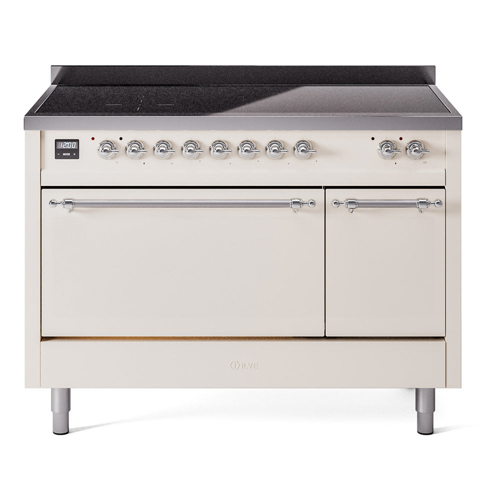 ILVE Nostalgie II 48-Inch Induction Range, Solid Door Oven, Antique White with Chrome Trim (UPI486QNMPAWC)