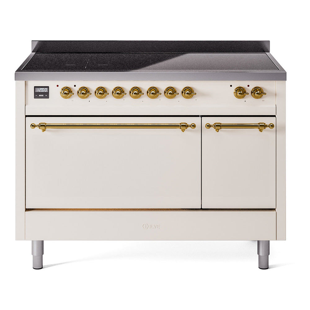 ILVE Nostalgie II 48-Inch Induction Range, Solid Door Oven, Antique White with Brass Trim (UPI486QNMPAWG)
