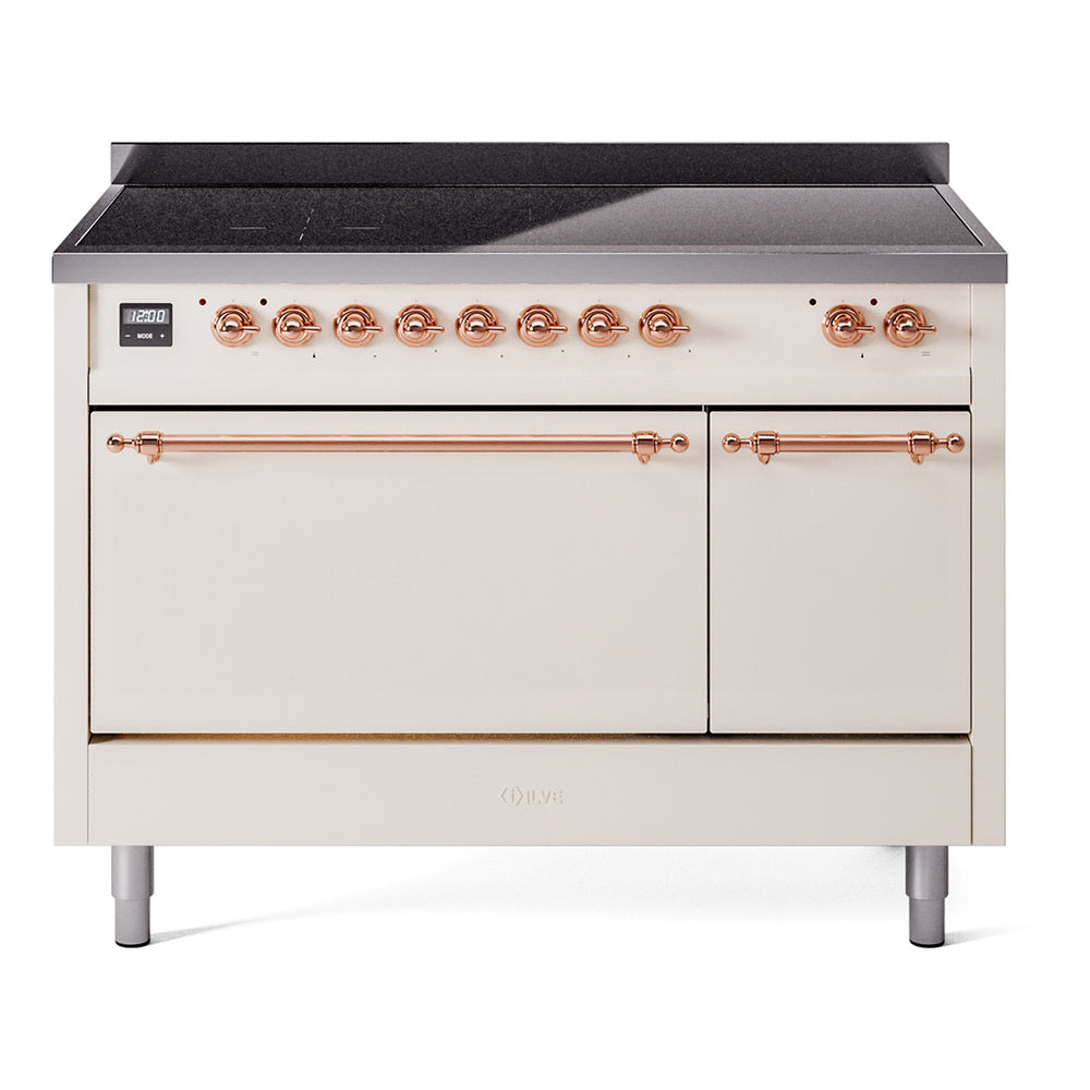 ILVE Nostalgie II 48-Inch Induction Range, Solid Door Oven, Antique White with Copper Trim (UPI486QNMPAWP)