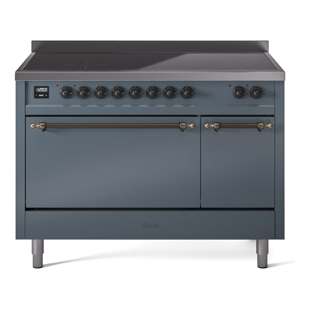 ILVE Nostalgie II 48-Inch Induction Range, Solid Door Oven, Blue Grey with Burnished Bronze Trim (UPI486QNMPBGB)