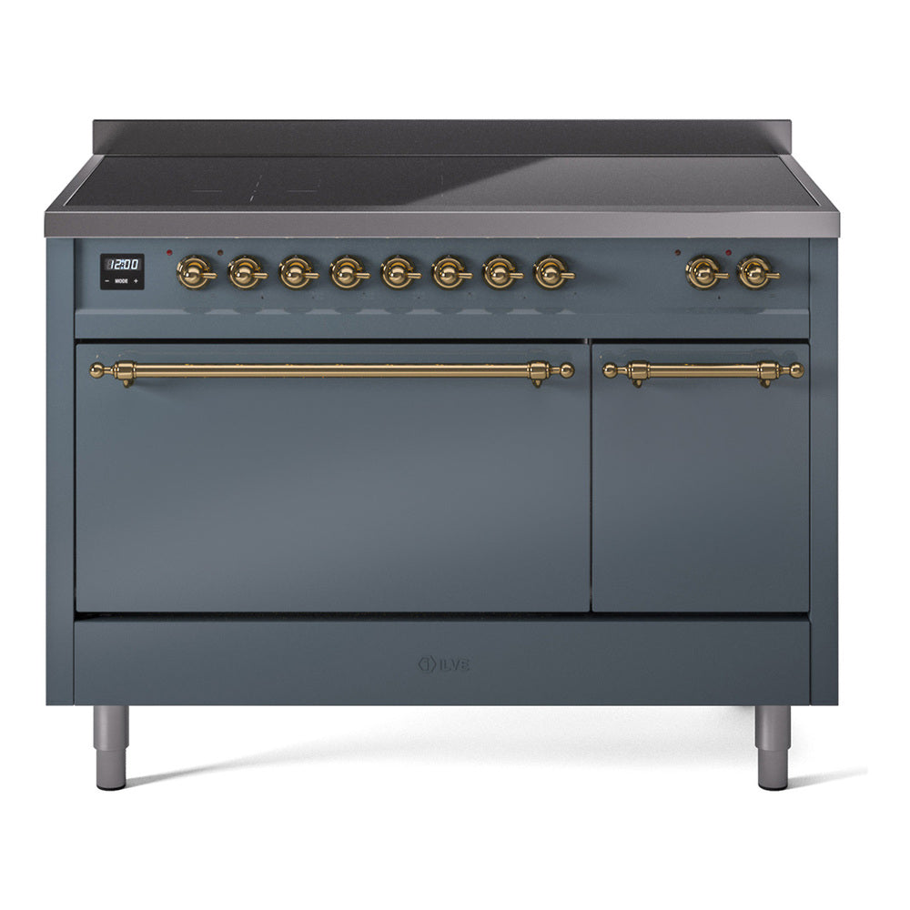 ILVE Nostalgie II 48-Inch Induction Range, Solid Door Oven, Blue Grey with Brass Trim (UPI486QNMPBGG)