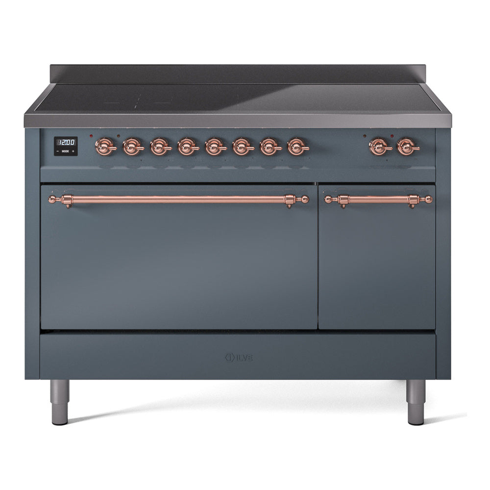 ILVE Nostalgie II 48-Inch Induction Range, Solid Door Oven, Blue Grey with Copper Trim (UPI486QNMPBGP)