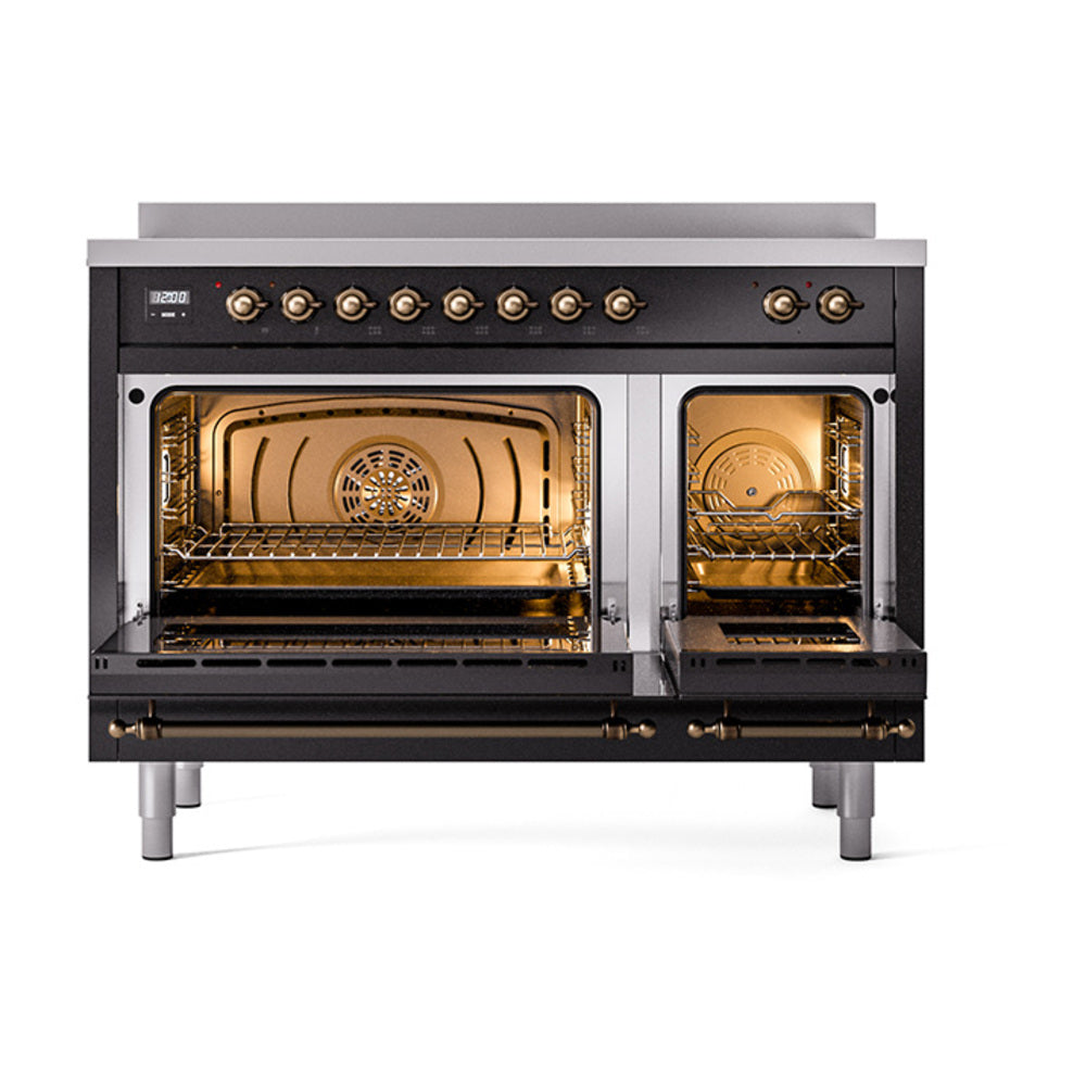 ILVE Nostalgie II 48-Inch Induction Range, Solid Door Oven, Glossy Black with Burnished Bronze Trim (UPI486QNMPBKB)