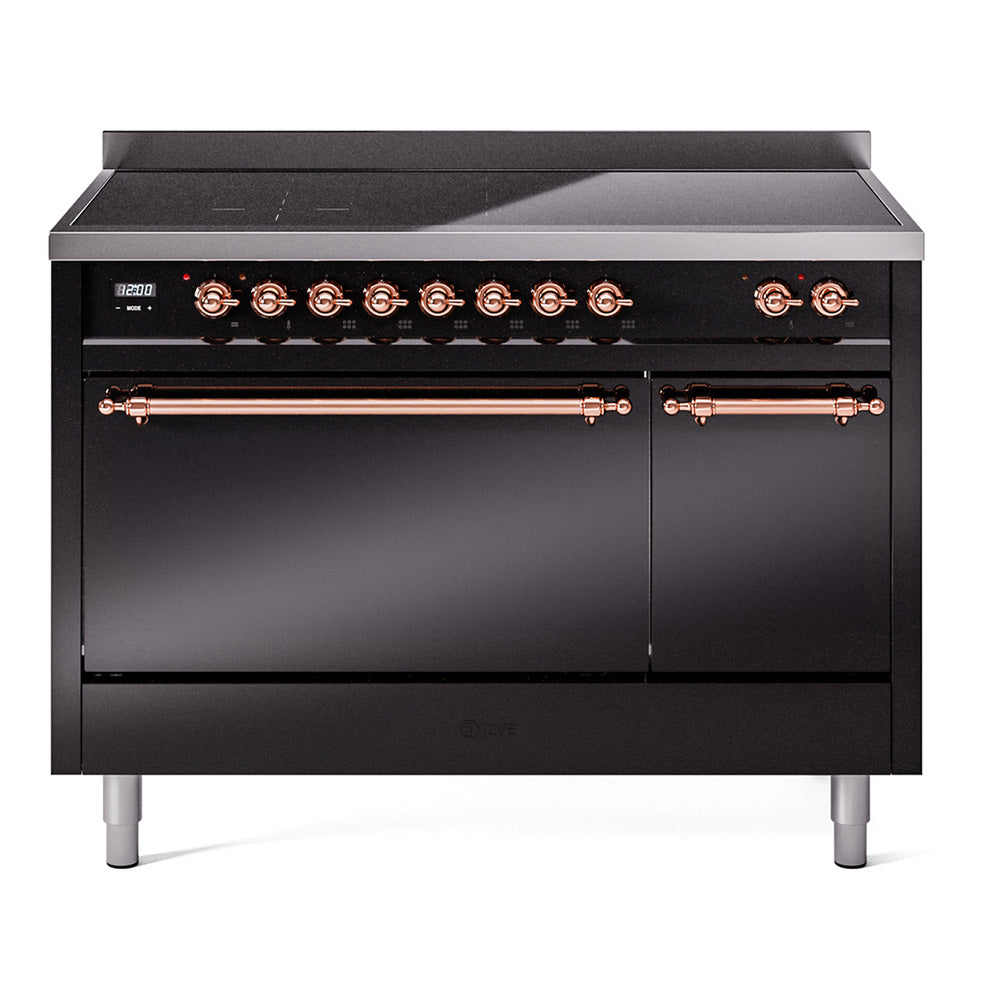 ILVE Nostalgie II 48-Inch Induction Range, Solid Door Oven, Glossy Black with Copper Trim (UPI486QNMPBKP)