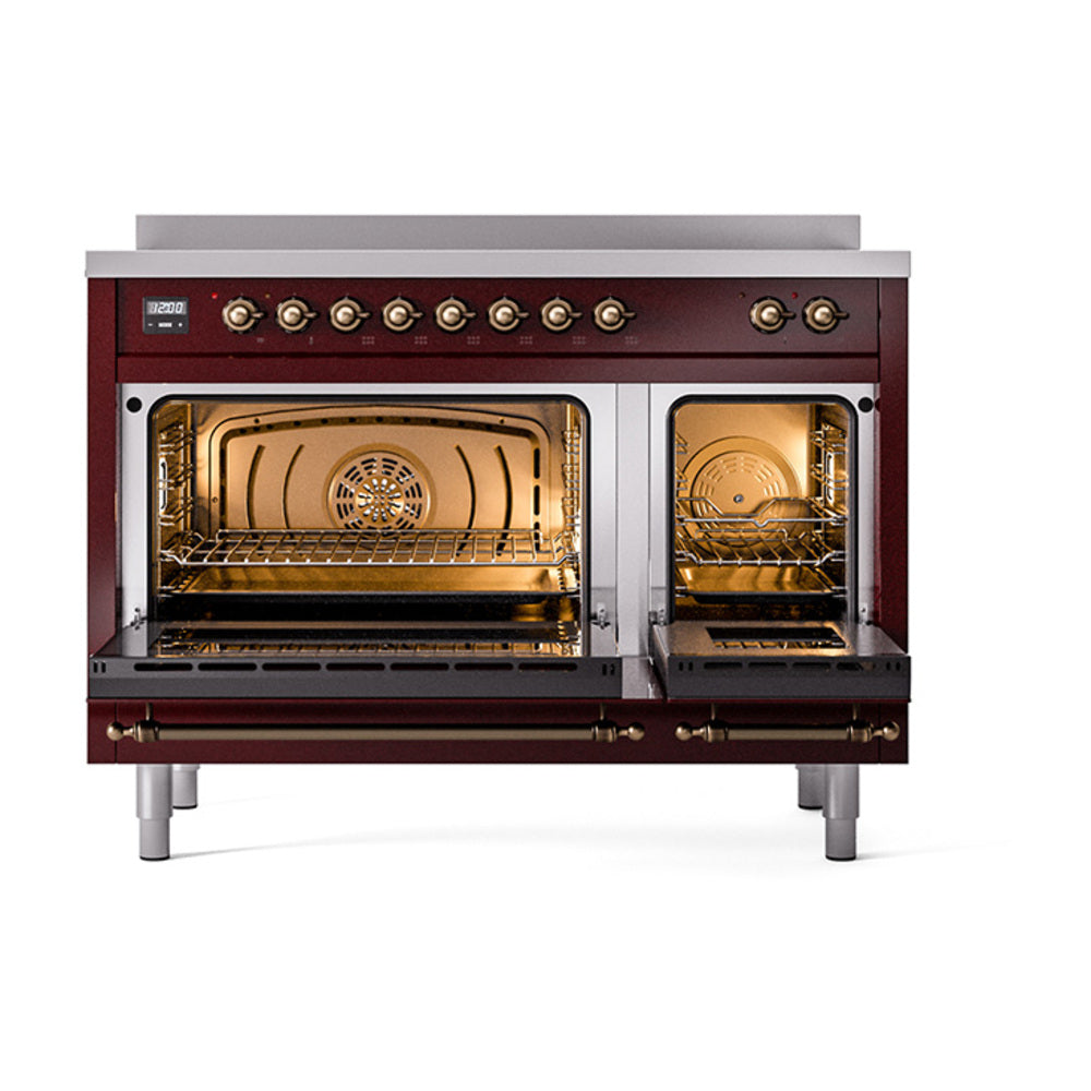 ILVE Nostalgie II 48-Inch Induction Range, Solid Door Oven, Burgundy with Burnished Bronze Trim (UPI486QNMPBUB)