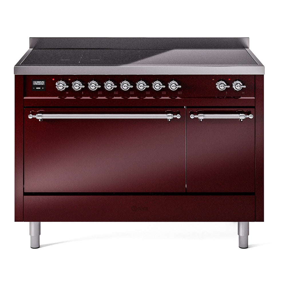 ILVE Nostalgie II 48-Inch Induction Range, Solid Door Oven, Burgundy with Chrome Trim (UPI486QNMPBUC)